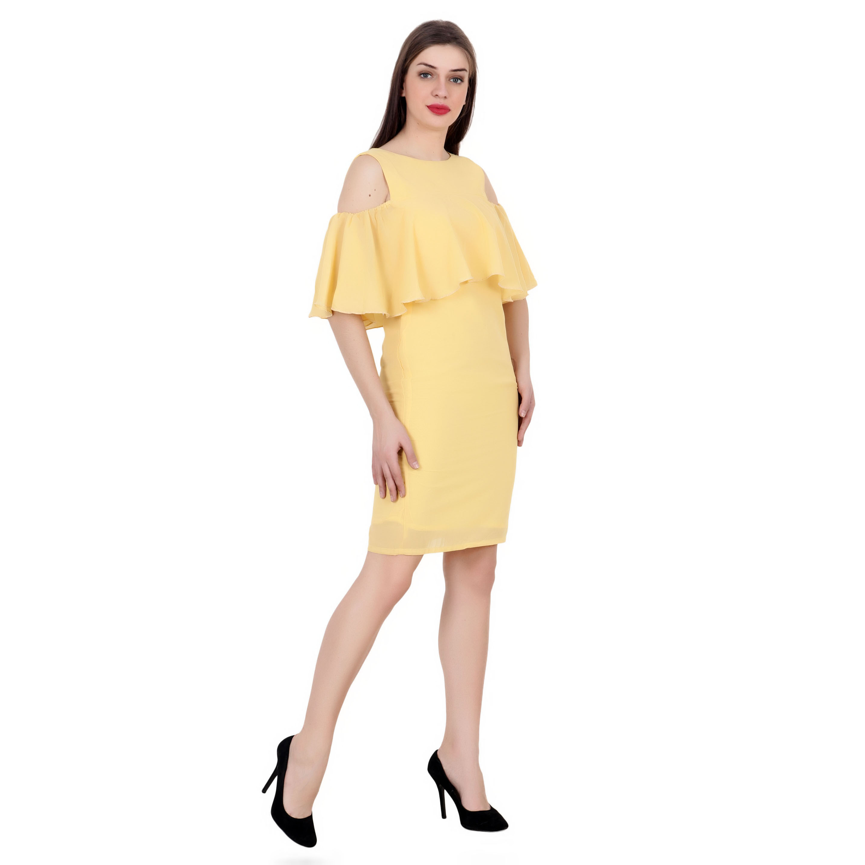 YELLOW MIDI RUFFLE CAPE DRESS